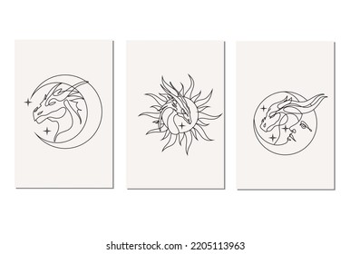 Single continuous line drawing of monsters dragon set of 3 posters. Magical legend creature mascot concept for martial art association. One line draw design illustration