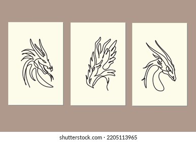 Single continuous line drawing of monsters dragon set of 3 posters. Magical legend creature mascot concept for martial art association. One line draw design illustration