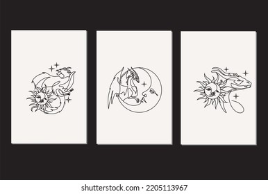 Single continuous line drawing of monsters dragon set of 3 posters. Magical legend creature mascot concept for martial art association. One line draw design illustration