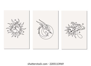 Single continuous line drawing of monsters dragon set of 3 posters. Magical legend creature mascot concept for martial art association. One line draw design illustration