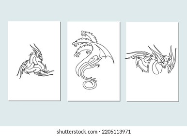 Single continuous line drawing of monsters dragon set of 3 posters. Magical legend creature mascot concept for martial art association. One line draw design illustration