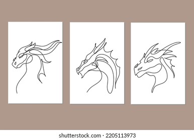 Single continuous line drawing of monsters dragon set of 3 posters. Magical legend creature mascot concept for martial art association. One line draw design illustration