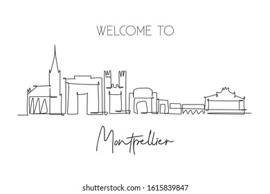 Single continuous line drawing of Montpellier city skyline, France. Famous skyscraper landscape. World travel home wall decor poster print art concept. Modern one line draw design vector illustration