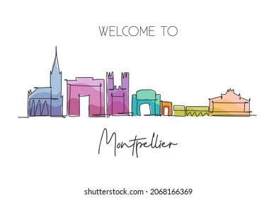 Single continuous line drawing of Montpellier city skyline, France. Famous skyscraper landscape. World travel home wall decor poster print art concept. Modern one line draw design vector illustration