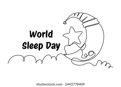 Single continuous line drawing moon with beanie and stars. Banner for world sleep day minimalist concept. Simple line, continuous line.