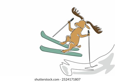 Single continuous line drawing moose skiing on snow mountain. Recreation. Holiday. Vacation. Best way to spend time in winter. Not staying at home. World Snow Day. One line design vector illustration