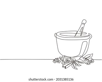 Single continuous line drawing mortar and pestle vintage line drawing. Ayurvedic medicine bowl. Herbal medicine concept. Isolated. Flat style. Dynamic one line draw graphic design vector illustration
