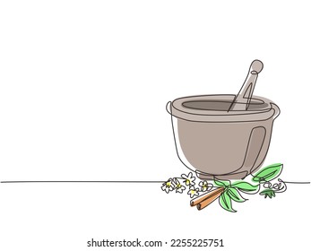 Single continuous line drawing mortar and pestle vintage line drawing. Ayurvedic medicine bowl. Herbal medicine concept. Isolated. Flat style. Dynamic one line draw graphic design vector illustration