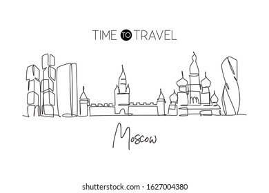 Single continuous line drawing of Moscow city skyline, Russia. Famous city scraper and landscape. World travel concept home wall decor poster print art. Modern one line draw design vector illustration