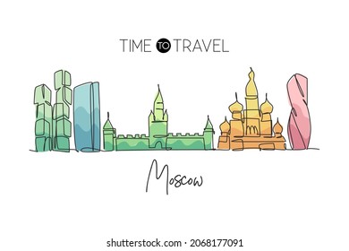 Single continuous line drawing of Moscow city skyline, Russia. Famous city scraper and landscape. World travel concept home wall decor poster print art. Modern one line draw design vector illustration