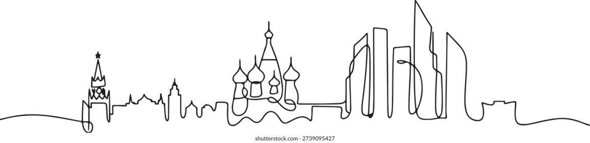 Single continuous line drawing of Moscow city skyline, Russia. Famous city scraper and landscape. World travel concept home wall decor poster print art. one line Icon drawing
