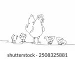 Single continuous line drawing a mother hen standing surrounded by her chicks. Open farming. Chickens are not easily stressed. Quality eggs. National Poultry Day. One line design vector illustration