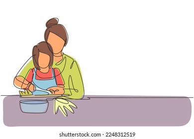 Single continuous line drawing mother teaching her little daughter to cut vegetables and fruit. Healthy food at home. Happy family in kitchen. Dynamic one line draw graphic design vector illustration