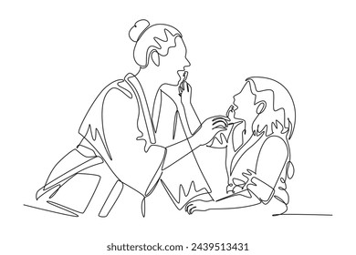 Single continuous line drawing of mother and daughter help each other brush their teeth. Medical health care service workers concept one line draw design vector illustration