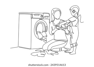 Single continuous line drawing of mother teach children to wash clothes to maintain cleanliness. Medical health care service workers concept one line draw design vector illustration