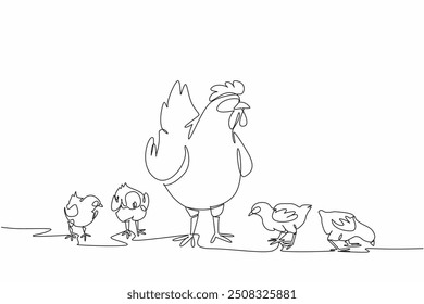 Uma única linha contínua desenhando uma galinha mãe em pé cercada por seus filhotes. Agricultura aberta. As galinhas não são facilmente estressadas. Ovos de qualidade. Dia Nacional da Aves. Ilustração de vetor de design de uma linha