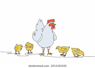 Single continuous line drawing a mother hen standing surrounded by her chicks. Open farming. Chickens are not easily stressed. Quality eggs. National Poultry Day. One line design vector illustration