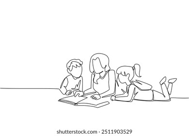 Single continuous line drawing mother lying on the floor reading a book with her daughter and son. Set an example for a love of reading. National Single Parent Day. One line design vector illustration