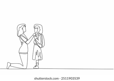 Single continuous line drawing mother kneeling buttoning daughter's shirt. Help prepare for going to school. Without ulterior motives. National Single Parent Day. One line design vector illustration