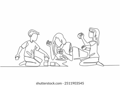 Single continuous line drawing mother lying on the floor playing building blocks with her daughter and son. Focus on caring. Cheerful. National Single Parent Day. One line design vector illustration