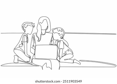 Single continuous line drawing mother opens laptop on sofa with her daughter and son. Bringing work to home. Missing the kids so much. National Single Parent Day. One line design vector illustration