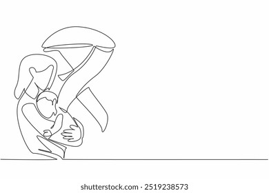 Single continuous line drawing a mother holding a baby. Sense of protection and nurturing. Guardian mother. Protective. Caring. International Childhood Cancer Day. One line design vector illustration