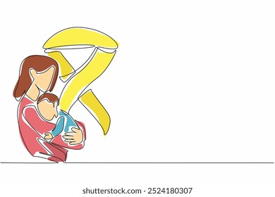 Single continuous line drawing a mother holding a baby. Sense of protection and nurturing. Guardian mother. Protective. Caring. International Childhood Cancer Day. One line design vector illustration