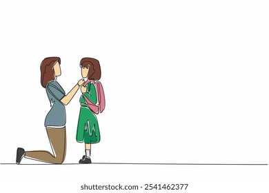 Uma linha contínua desenhando a mãe ajoelhada abotoando a camisa da filha. Ajude a se preparar para ir à escola. Sem segundas intenções. Dia Nacional dos Pais Solteiros. Ilustração de vetor de design de uma linha