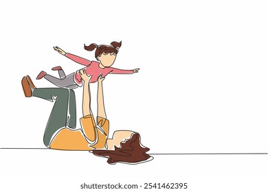 Single continuous line drawing mother lying on the floor lifting her daughter. Like an airplane. Play together. Pampering children. National Single Parent Day. One line design vector illustration