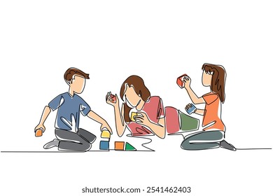 Single continuous line drawing mother lying on the floor playing building blocks with her daughter and son. Focus on caring. Cheerful. National Single Parent Day. One line design vector illustration