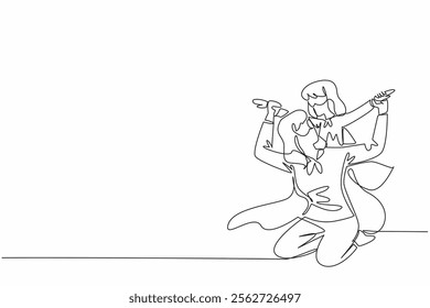 Single continuous line drawing a mother and her daughter playing together. Work together to eradicate germs at home. Superhuman strength. Autism Super Mom Day. One line design vector illustration