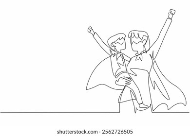 Single continuous line drawing a mother holding her daughter and both raising their hands. Play superheroes at home. Cheer each other up. Autism Super Mom Day. One line design vector illustration