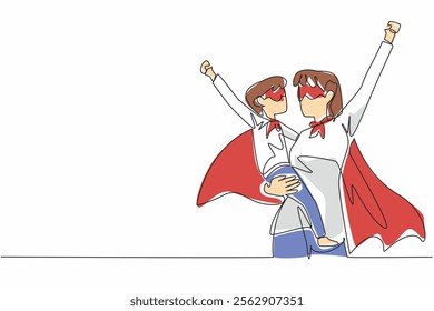 Single continuous line drawing a mother holding her daughter and both raising their hands. Play superheroes at home. Cheer each other up. Autism Super Mom Day. One line design vector illustration