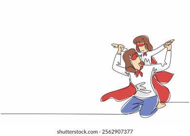 Single continuous line drawing a mother and her daughter playing together. Work together to eradicate germs at home. Superhuman strength. Autism Super Mom Day. One line design vector illustration