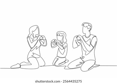 Single continuous line drawing mother, daughter and father sitting on the floor while making hand gestures. Expressing love without words. Mother Father Deaf Day. One line design vector illustration