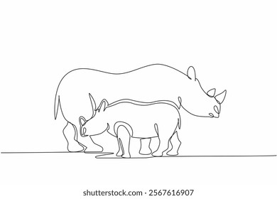 Single continuous line drawing mother rhino and baby rhino standing in opposite directions. Looking for fruit. Foraging season. Pachyderm. Save the Rhino Day. One line design vector illustration