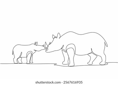 Single continuous line drawing the mother rhino and baby rhino stand facing each other and put heads together. Animal language. Communication. Save the Rhino Day. One line design vector illustration