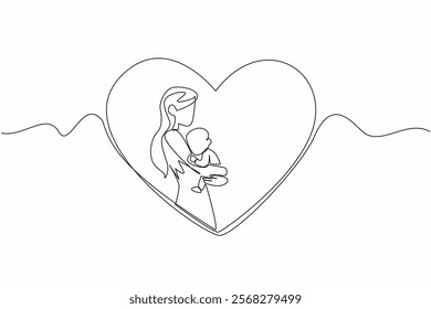 Single continuous line drawing mother hugs baby in the middle of her heart. The infinite happiness of being a young mother. Always be grateful. Family. Baby Day. One line design vector illustration