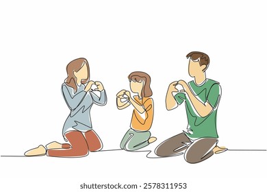 Single continuous line drawing mother, daughter and father sitting on the floor while making hand gestures. Expressing love without words. Mother Father Deaf Day. One line design vector illustration