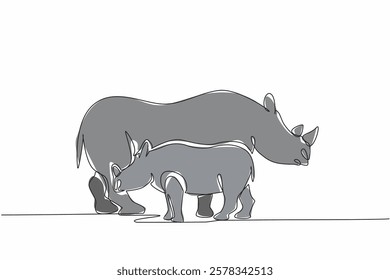 Single continuous line drawing mother rhino and baby rhino standing in opposite directions. Looking for fruit. Foraging season. Pachyderm. Save the Rhino Day. One line design vector illustration