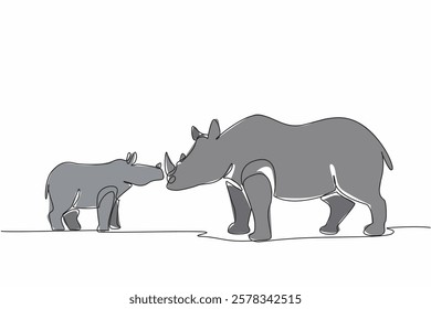 Single continuous line drawing the mother rhino and baby rhino stand facing each other and put heads together. Animal language. Communication. Save the Rhino Day. One line design vector illustration