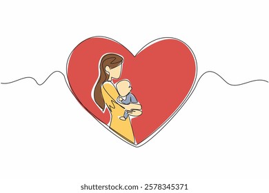 Single continuous line drawing mother hugs baby in the middle of her heart. The infinite happiness of being a young mother. Always be grateful. Family. Baby Day. One line design vector illustration