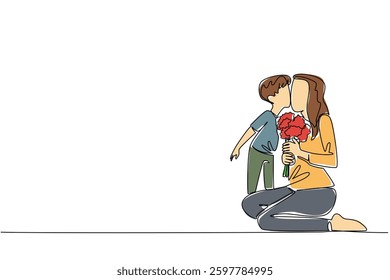 Single continuous line drawing a mother sitting on the floor and holding a bouquet of flowers with her son kissing her cheek. Celebration. Present. Day of Mother. One line design vector illustration