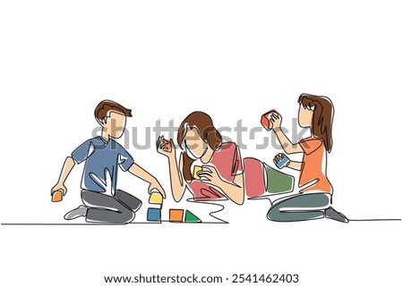 Single continuous line drawing mother lying on the floor playing building blocks with her daughter and son. Focus on caring. Cheerful. National Single Parent Day. One line design vector illustration
