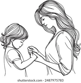 Single continuous line drawing of mothers or grandmothers with her daughter or granddaughter walk holding hands. Happy family parenting concept.