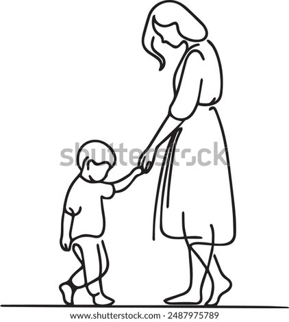 Single continuous line drawing of mothers or grandmothers with her daughter or granddaughter walk holding hands. Happy family parenting concept.