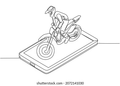 Single continuous line drawing motocross rider ride motocross bike on smartphone screen. Motocross motorcycle. Enduro, freestyle motocross extreme sport. Dynamic one line draw graphic design vector