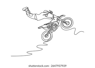 Single continuous line drawing motocross rider jumping, showcasing extreme sports skills, balance and adrenaline action. Extreme sport and freestyle. One line draw graphic design vector illustration