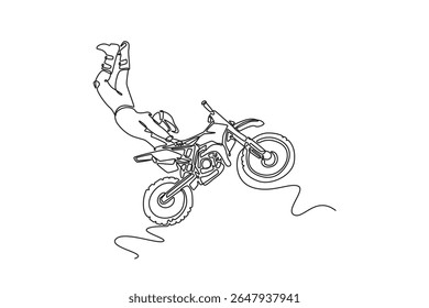 Single continuous line drawing motocross rider acrobatic jump and fly at the trial show dirt bike. Sport skills, balance and adrenaline action. Dynamic one line draw graphic design vector illustration