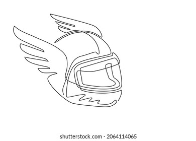 Single continuous line drawing motorbike, racing helmet with wings icon. Motorcycle race, motocross or biker club, motorsport competition with winged helmet. One line draw design vector illustration